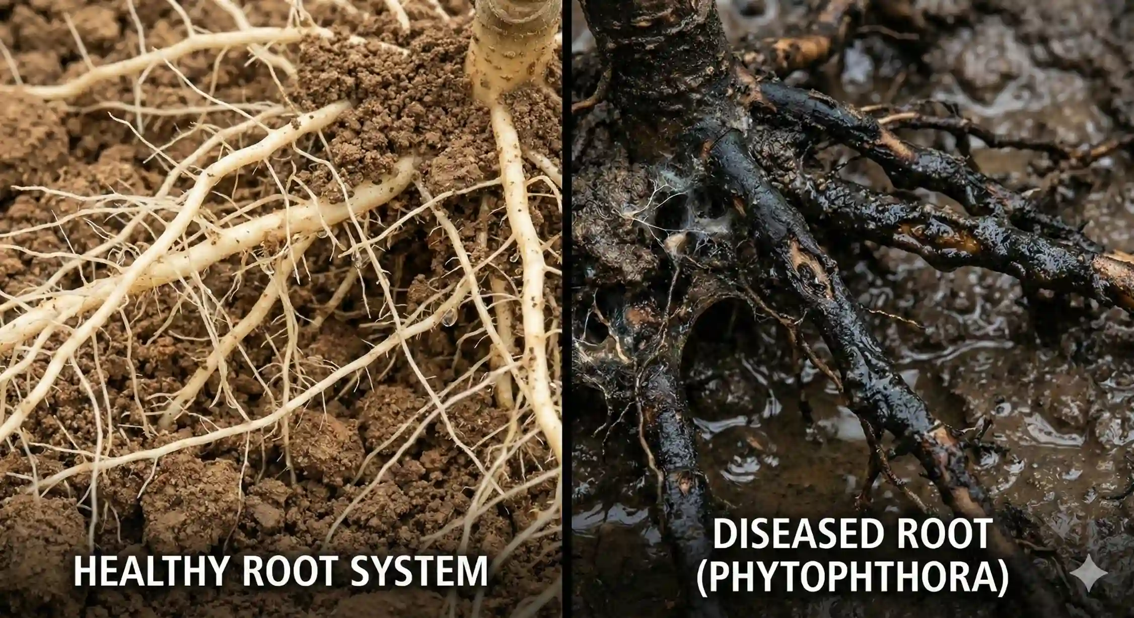 مقایسه ریشه سالم گردو با ریشه دچار پوسیدگی فیتوفتورایی و بیماری قارچی.