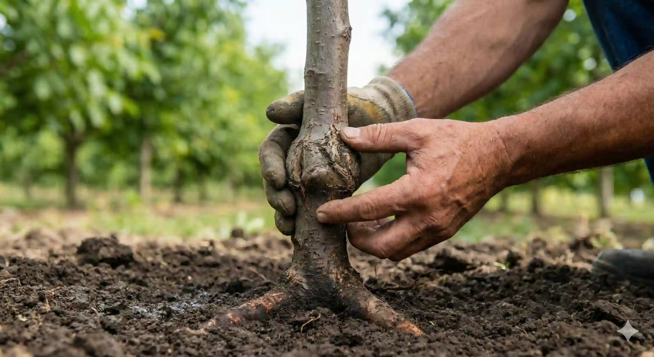 محل صحیح قرارگیری طوقه و پیوند نهال گردو بالاتر از سطح خاک.